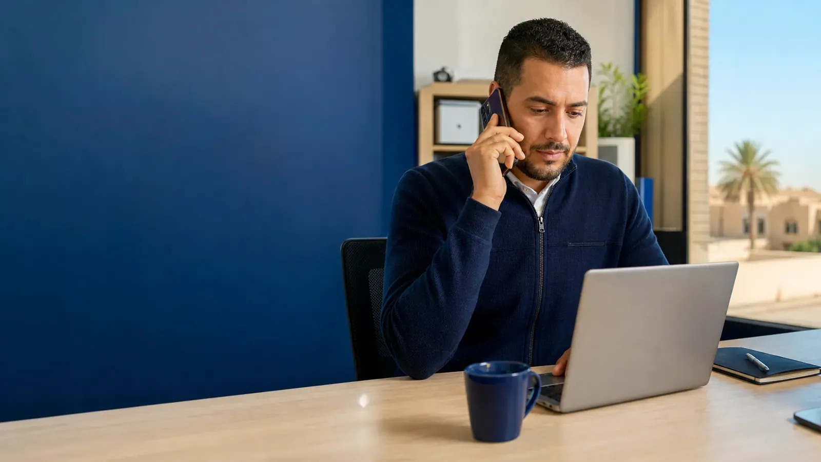 Spécialiste du support informatique répondant au téléphone et consultant un dossier d'intervention