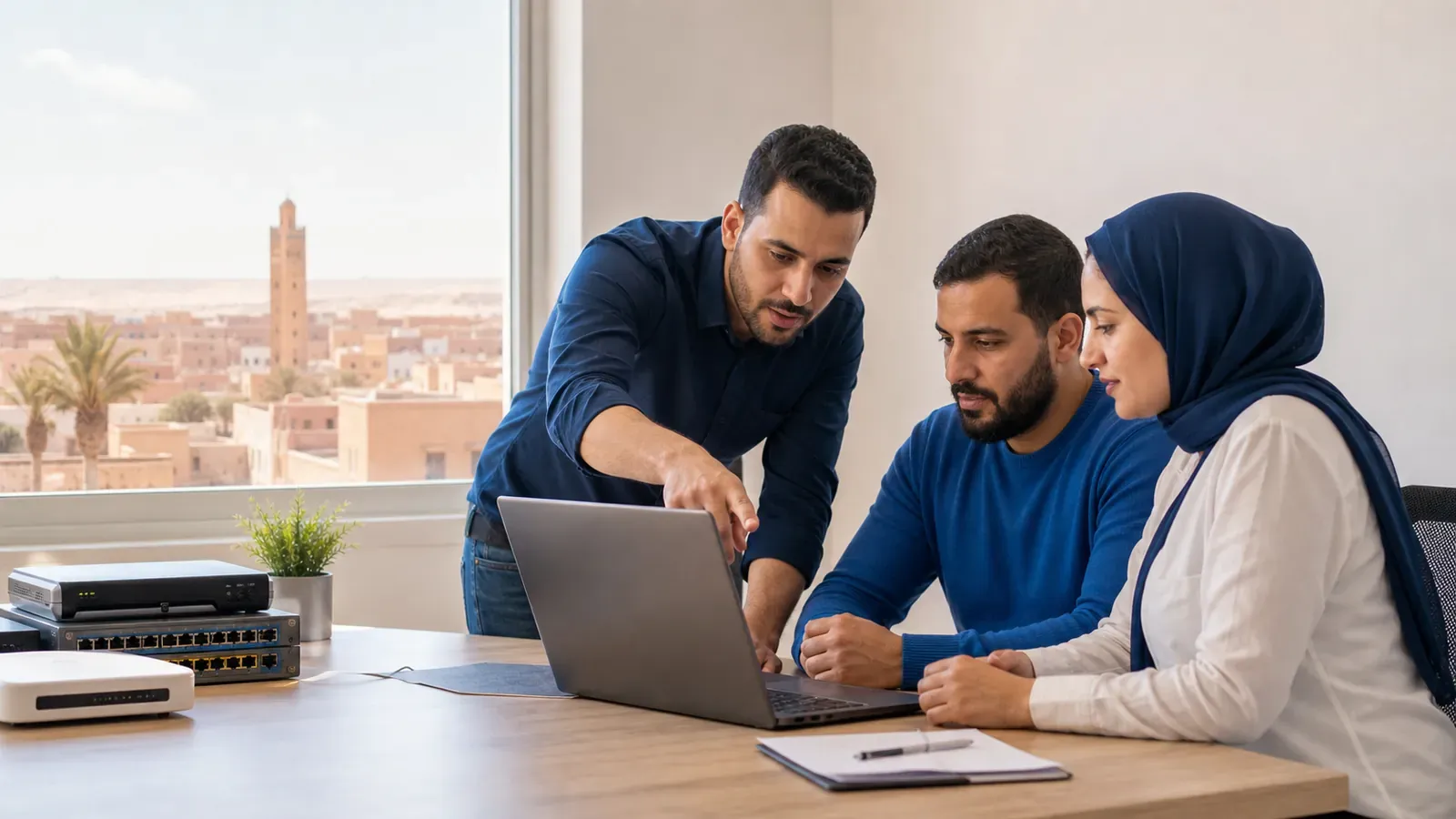 Deux professionnels informatiques conseillant une responsable d'entreprise autour d'un projet réseau à Laayoune ou Dakhla