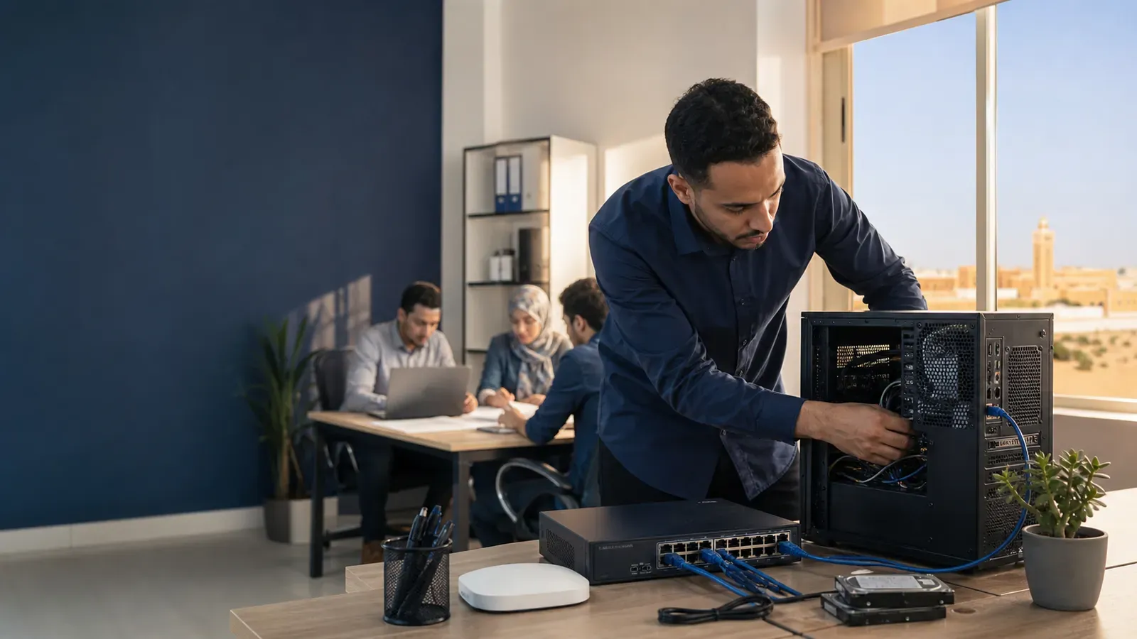 Technicien informatique contrôlant un poste, un switch réseau et des sauvegardes dans les bureaux d'une entreprise du Sud marocain