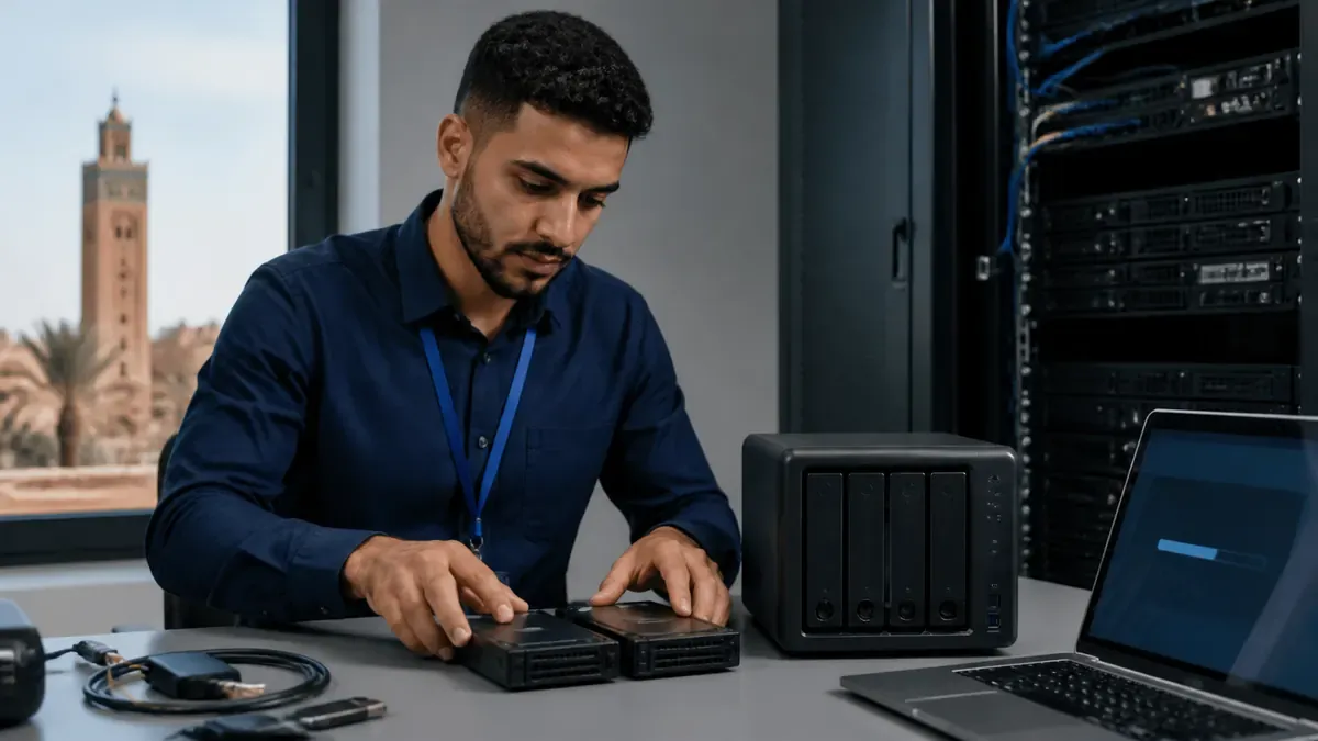 Technicien préparant des disques de sauvegarde reliés à un serveur NAS