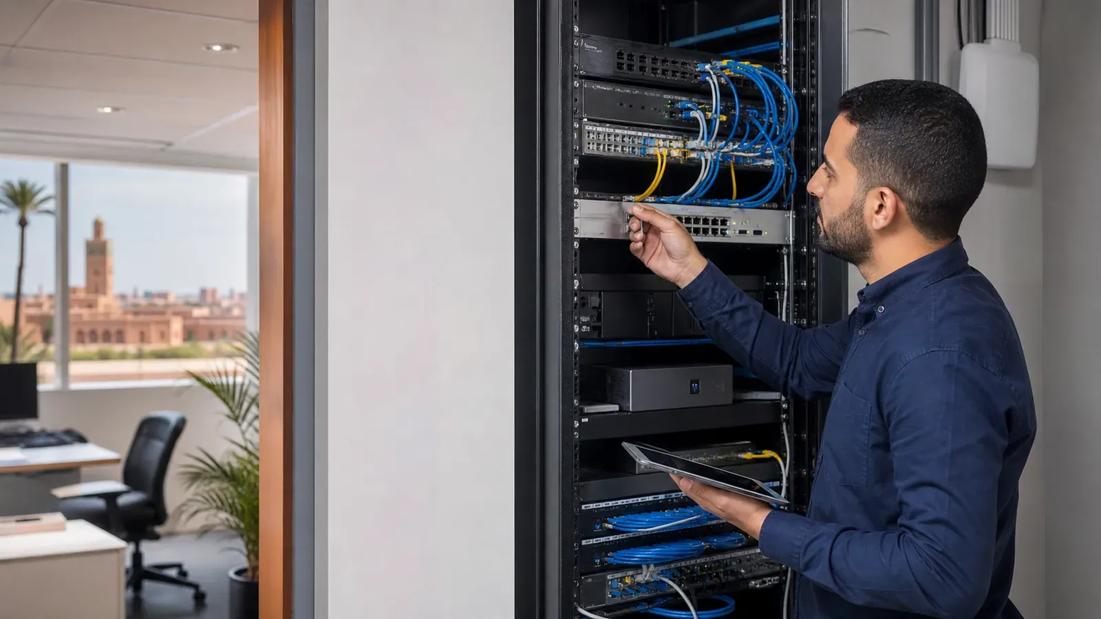 Technicien vérifiant le câblage et les équipements d'une baie réseau professionnelle, pour illustrer nos services informatiques