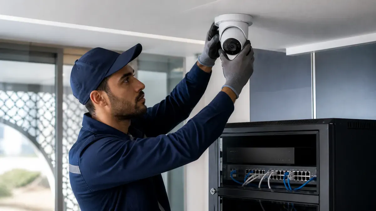 Technicien installant une caméra IP reliée à un équipement réseau